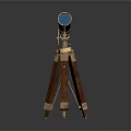 Vintage Telescope On Wooden Tripod With Wooden And Gold Metal Body And Small Golden Disc