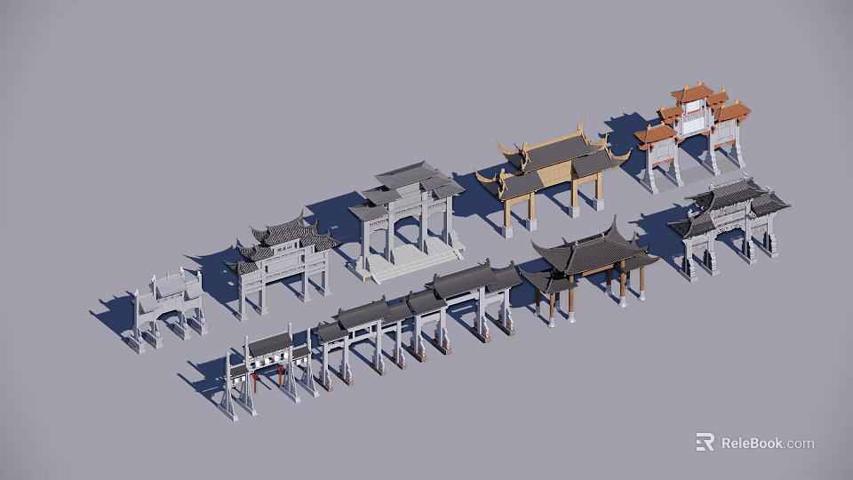 Traditional Chinese Pai Fang Archway Models with Various Architectural Design Styles 3d model 