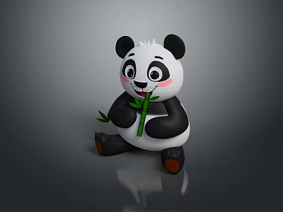 Cute Cartoon Panda Character Sitting Holding Green Bamboo With Black White Fur And Pink Cheeks 3d model