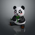 Cute Cartoon Panda Character Sitting Holding Green Bamboo With Black White Fur And Pink Cheeks