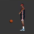 Man wearing CAPITALS 3 basketball jersey red headband arm tattoos and blue sneakers with basketball