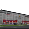 Modern Fire Station Building Exterior With Red Doors Fire Engines And Emblem Under Blue Sky