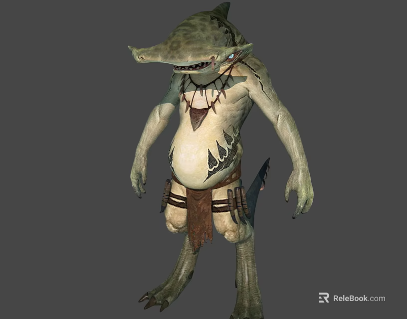 Game Movie 3D Shark Humanoid Character With Green Skin Spiked Necklace And Leather Armor 3d model 