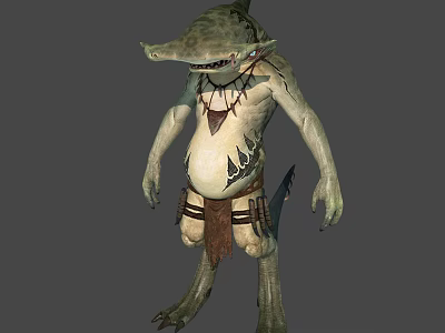 Game Movie 3D Shark Humanoid Character With Green Skin Spiked Necklace And Leather Armor 3d model