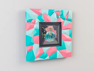 Colorful Geometric Framed Clock With Pastel Pink Teal And Blue Design 3d model