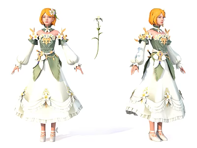 Game Movie Character With Orange Hair In White Green Floral Dress And Flower Accessory 3d model