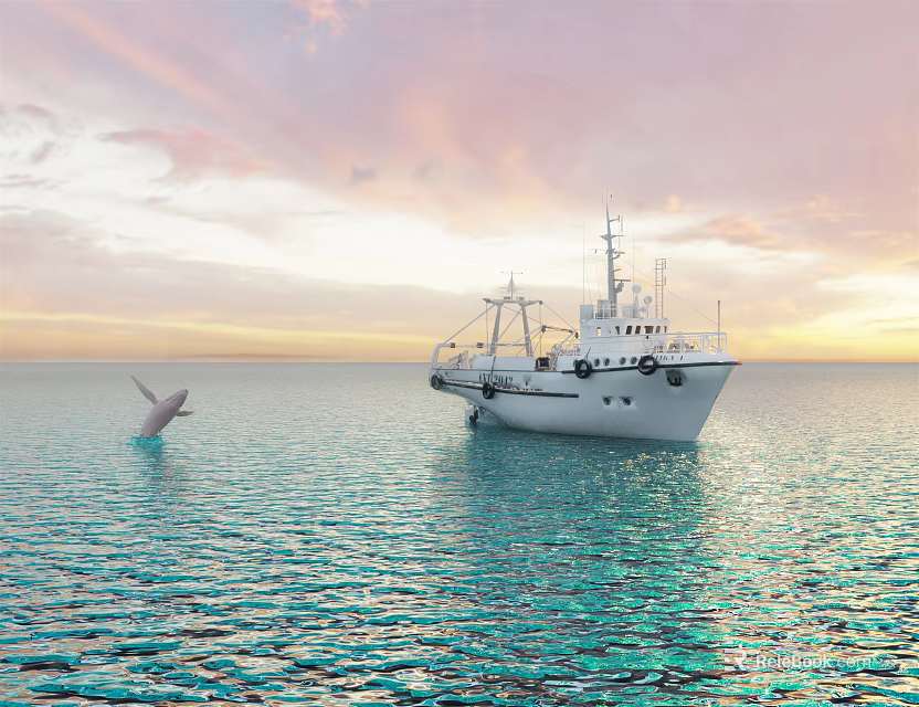 White Ship Sailing on Sparkling Ocean with Seagull under Sunset Sky 3d model