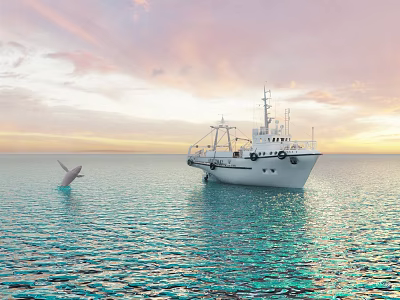 White Ship Sailing on Sparkling Ocean with Seagull under Sunset Sky 3d model