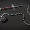 Medieval Spiked Flail Weapon With Metal Chain And Wooden Handle