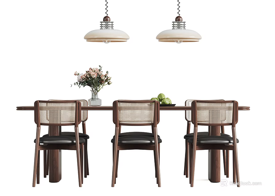Modern Wooden Tea Table And Rattan Chairs With Dark Cushions Decorative Vase And Hanging Lights 3d model 