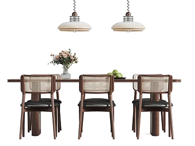 Modern Wooden Tea Table And Rattan Chairs With Dark Cushions Decorative Vase And Hanging Lights 3d model