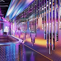 Neon Lit Modern Bar With Metallic Hanging Decor And Curved Counter