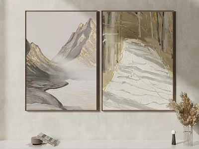 Two Mountain And Abstract Texture Paintings As Wall Decor With Shelf Decorations 3d model