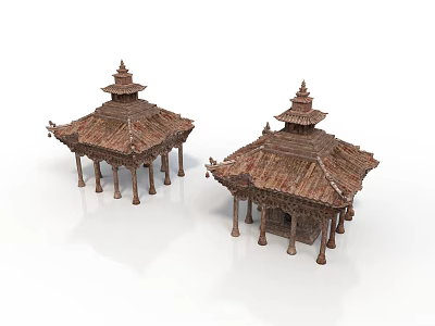 Traditional Wooden Pavilion Architecture With Multi Tiered Roof And Curved Eaves 3d model
