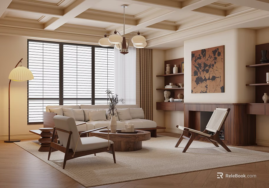 Modern Living Room Interior With Sofa Armchairs Coffee Table Chandelier And Fireplace Artwork 3d model 