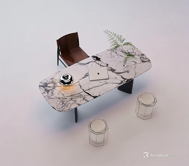 Modern Marble Table With Leather Chair And Wireframe Stools Including Laptop And Fern Plant 3d model 