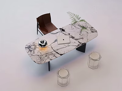 Modern Marble Table With Leather Chair And Wireframe Stools Including Laptop And Fern Plant 3d model