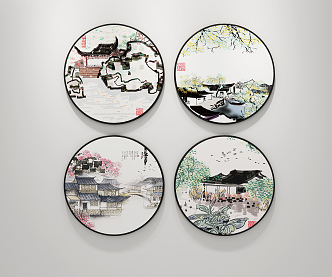 New Chinese Round Frame Painting Decorative Painting 3d model