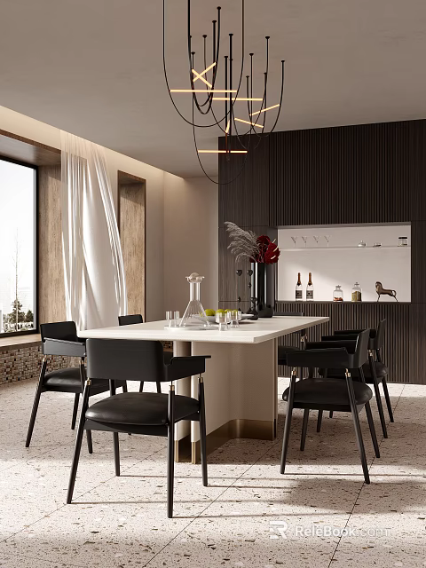 Modern Restaurant Interior With White Dining Table Black Chairs Pendant Lights And Wooden Wall Decor 3d model 