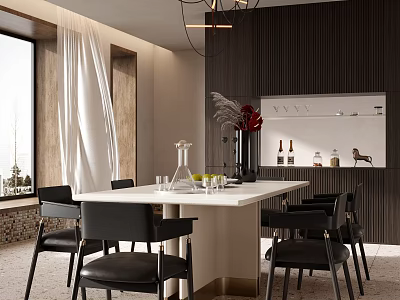 Modern Restaurant Interior With White Dining Table Black Chairs Pendant Lights And Wooden Wall Decor 3d model