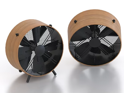 Two Wooden Air Cooler Fans With Black Blades Metal Mesh Cover And Stands 3d model
