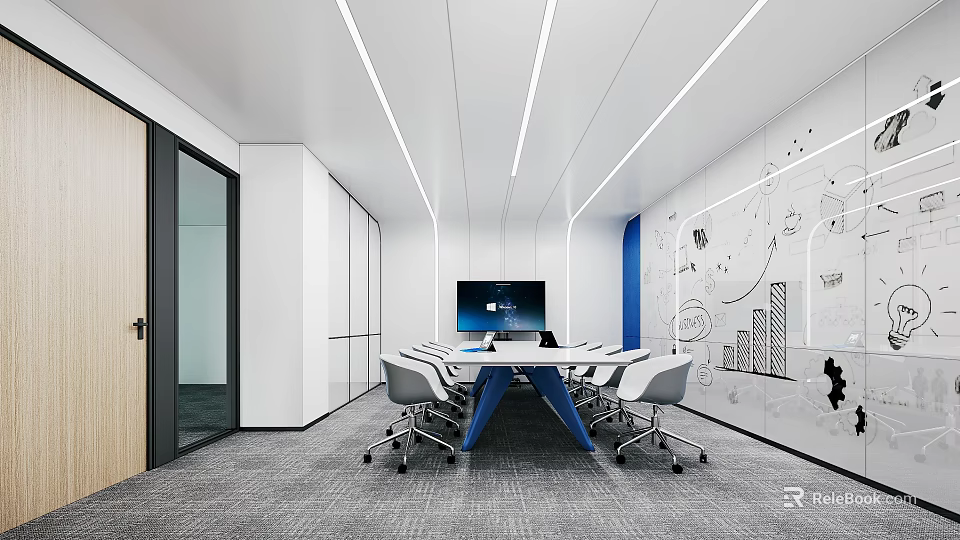 Modern Conference Room Interior With Whiteboard Charts TV Tables Chairs And Blue Decor 3d model 