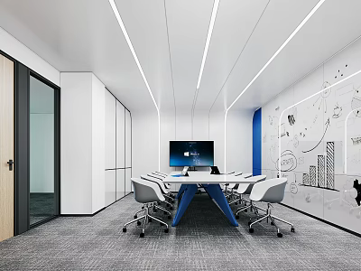 Modern Conference Room Interior With Whiteboard Charts TV Tables Chairs And Blue Decor 3d model