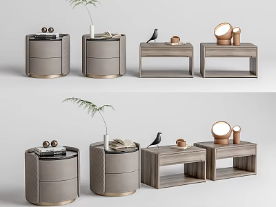Modern Bedside Tables With Various Designs Drawers Lamps And Decor Plants 3d model
