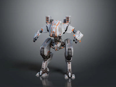 Futuristic Mechanical Robot Game And Movie Character With Gray White Armor And Orange Accents 3d model