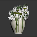 Fresh White Flowers With Green Leaves in Elegant White Vase on Dark Background