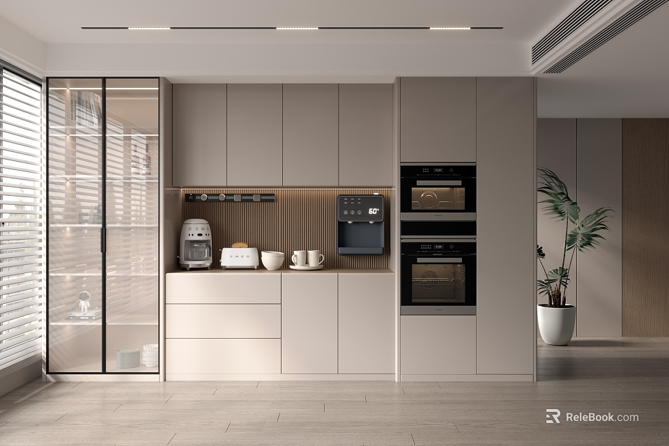 Modern Built in Wine Cabinet With Glass Door And LED Lighting In Contemporary Kitchen 3d model 