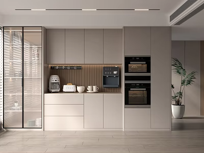 Modern Built in Wine Cabinet With Glass Door And LED Lighting In Contemporary Kitchen 3d model