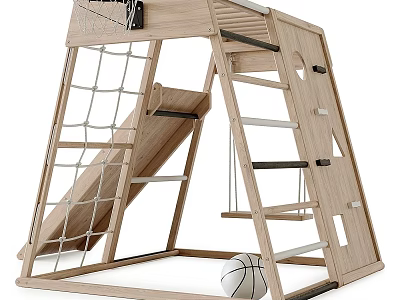 Wooden Kids Playground Equipment with Slide Climbing Net Basketball Hoop Ladder and Basketball 3d model