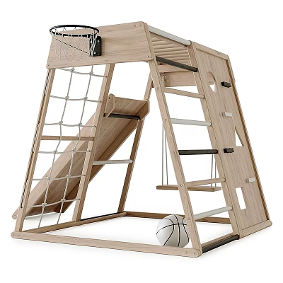 Wooden Kids Playground Equipment with Slide Climbing Net Basketball Hoop Ladder and Basketball 3d model