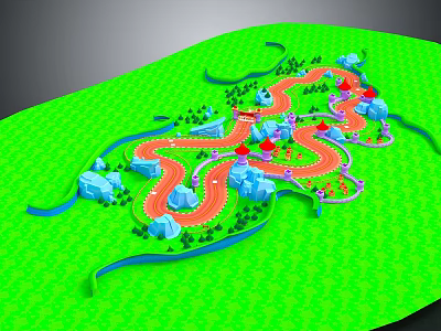 Scenic Landscape With Lush Green Grassland Winding Red Roads And Blue Rocks 3d model