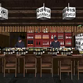 Traditional Japanese Restaurant Interior With Wooden Bar Counter Leather Chairs And Hanging Signs