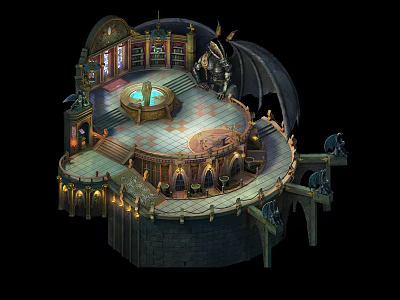Cartoon Medieval Castle Scene With Circular Steps Central Fountain Dragon Statue Arched Windows Illuminated Railings 3d model