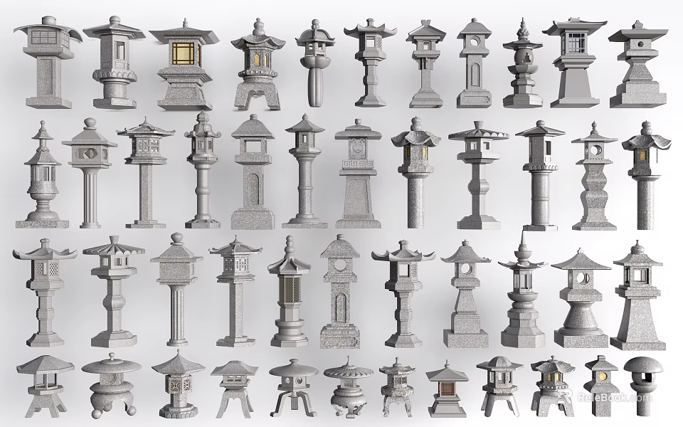 Traditional Japanese Stone Lanterns Collection With Various Designs And Styles 3d model 