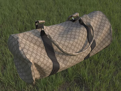 Classic Pattern Duffel Bag With Black Straps Placed On Green Grass 3d model