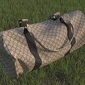 Classic Pattern Duffel Bag With Black Straps Placed On Green Grass 3d model