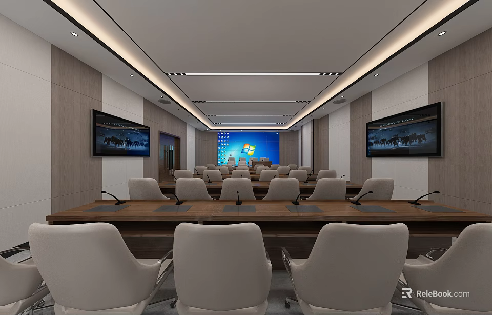 Modern Conference Room Interior With Long Table Chairs Large Screens And Projector 3d model 