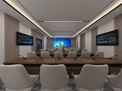 Modern Conference Room Interior With Long Table Chairs Large Screens And Projector 3d model