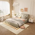 Light Green Upholstered Double Bed With Gray Pink Bedding Striped Rug And Decorative Paintings