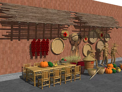 Fresh Farm Crops Display with Pumpkins Chili Peppers Scarecrows and Bamboo Furniture 3d model