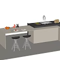 Modern Bar Counter With White Countertop Black Stools Sink Faucet Fruits and Tableware on Top