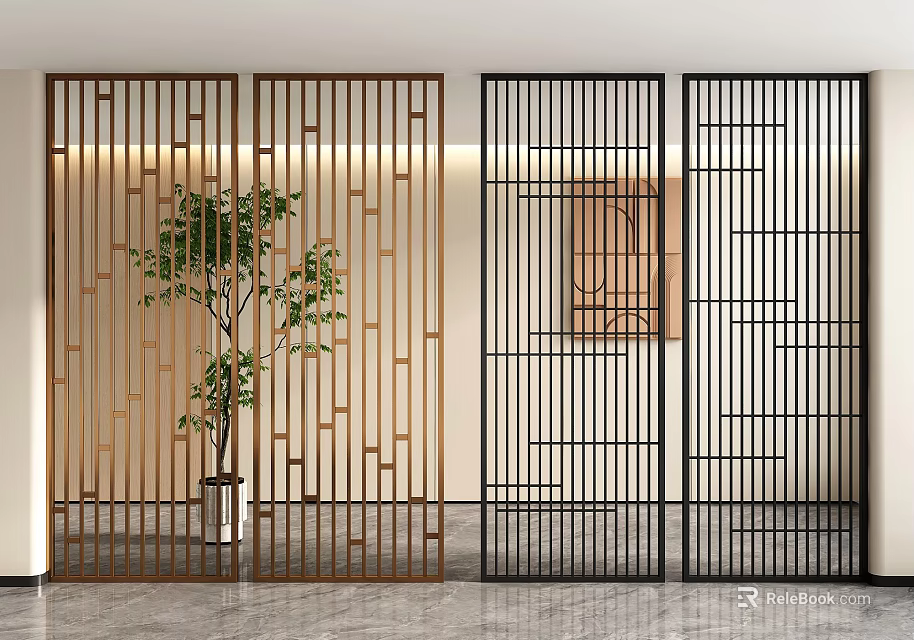 Modern Interior Decorative Screens With Different Designs And Plant 3d model 