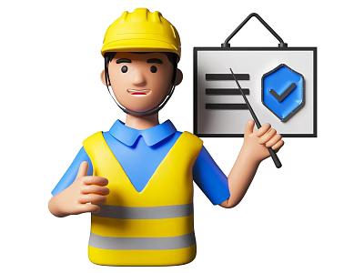 Man In Hard Hat And Vest Shows Checklist With Checkmark 3d model