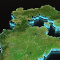 3D Geographical Map Displaying Detailed Terrain With Green Land And Blue Water Regions