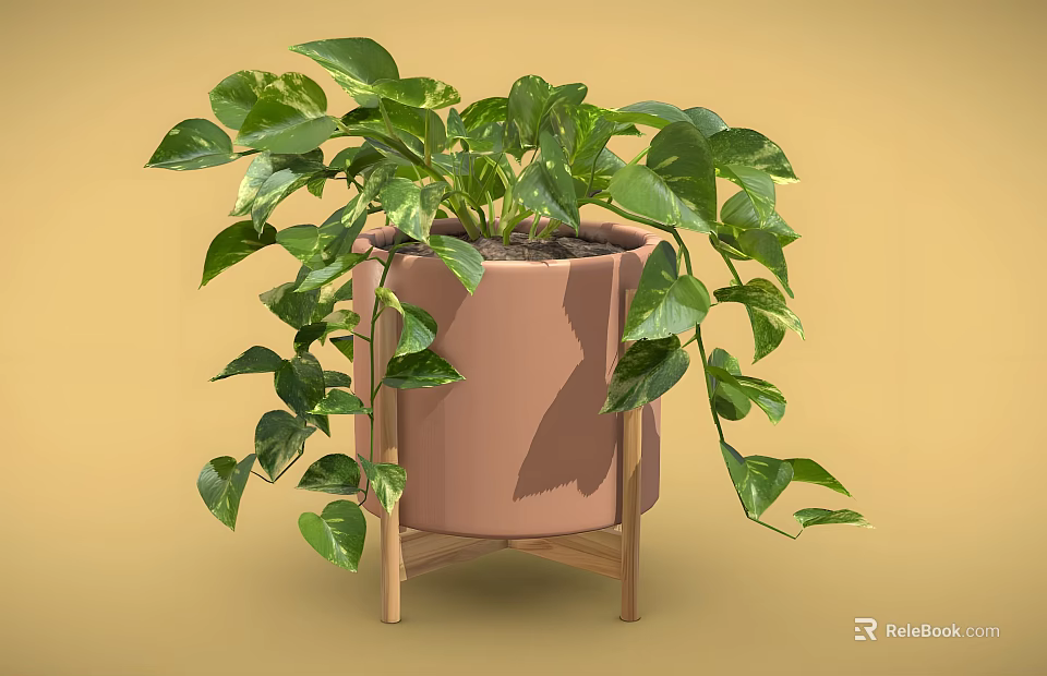 Lush Green Pothos Plant In Pink Planter With Wooden Stand On Yellow Background 3d model 