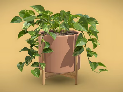 Lush Green Pothos Plant In Pink Planter With Wooden Stand On Yellow Background 3d model